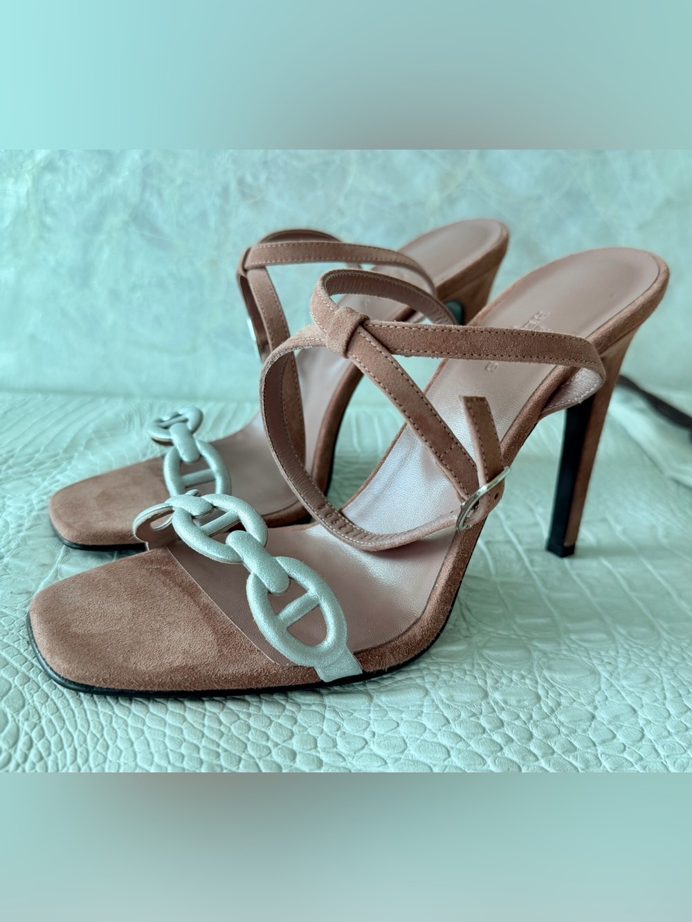 Hermes Suede High Heel Slide Sandals Blush with Silver Accent Size 39,5 (9,5)